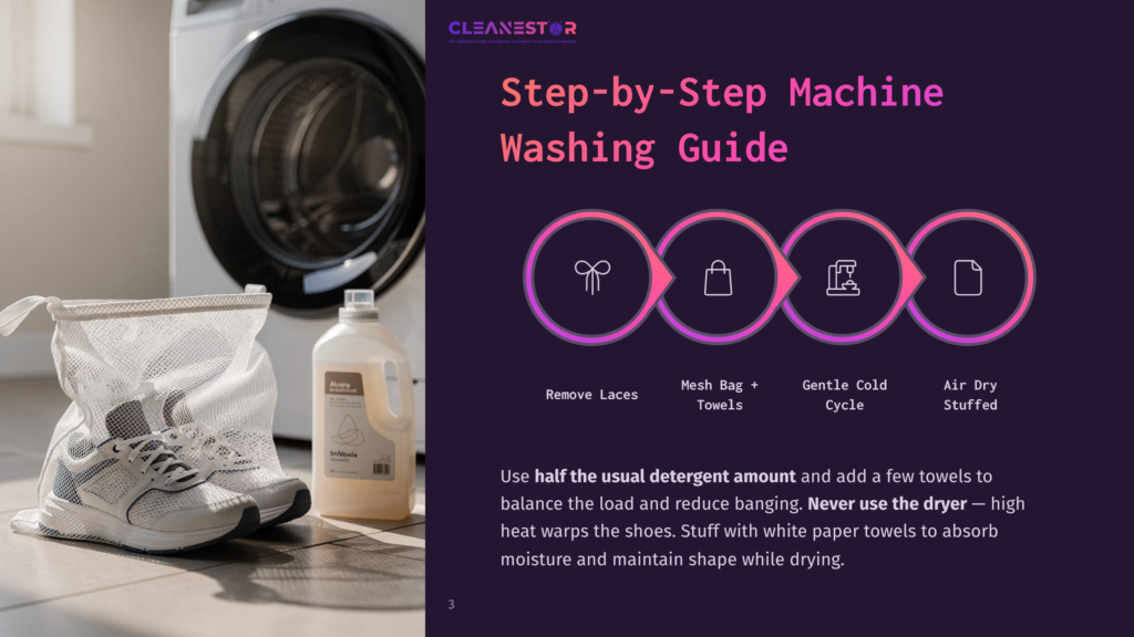 Step-By-Step Guide To Machine Washing Sneakers: Remove Laces, Place In Mesh Bag, Wash With Gentle Cold Cycle, And Air Dry Stuffed With Paper Towels.