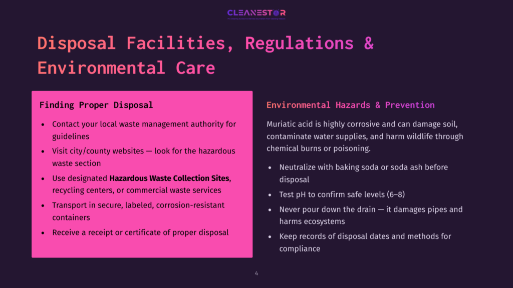 Slide Titled &Quot;Disposal Facilities, Regulations &Amp; Environmental Care&Quot; With Sections On &Quot;Finding Proper Disposal&Quot; And &Quot;Environmental Hazards &Amp; Prevention,&Quot; Listing Guidelines For Safe Waste Management And Warnings About Muriatic Acid.