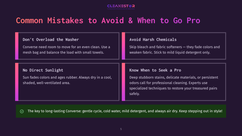 Infographic Titled &Quot;Common Mistakes To Avoid &Amp; When To Go Pro&Quot; For Cleaning Converse Shoes, With Tips On Overloading The Washer, Harsh Chemicals, Direct Sunlight, And When To Seek Professional Cleaning.