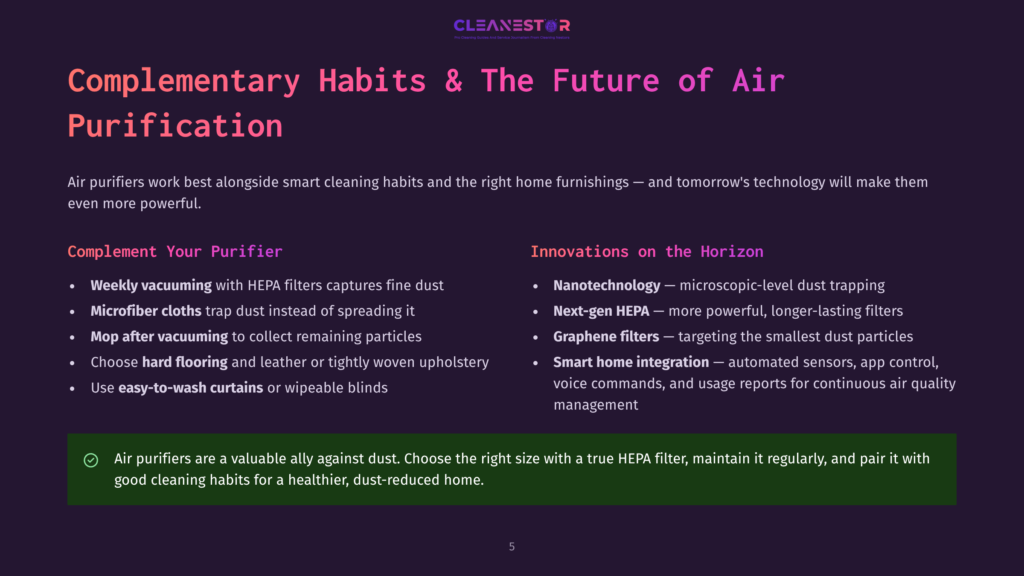 Cleanestor Logo With Text &Quot;Complementary Habits &Amp; The Future Of Air Purification&Quot;. Below, Points Detail Weekly Vacuuming With Hepa Filters, Microfiber Cloths, Mop After Vacuuming, Hard Flooring, And Easy-To-Wash Curtains. Innovations Include Nanotechnology, Next-Gen Hepa, Graphene Filters, And Smart Home Integration.