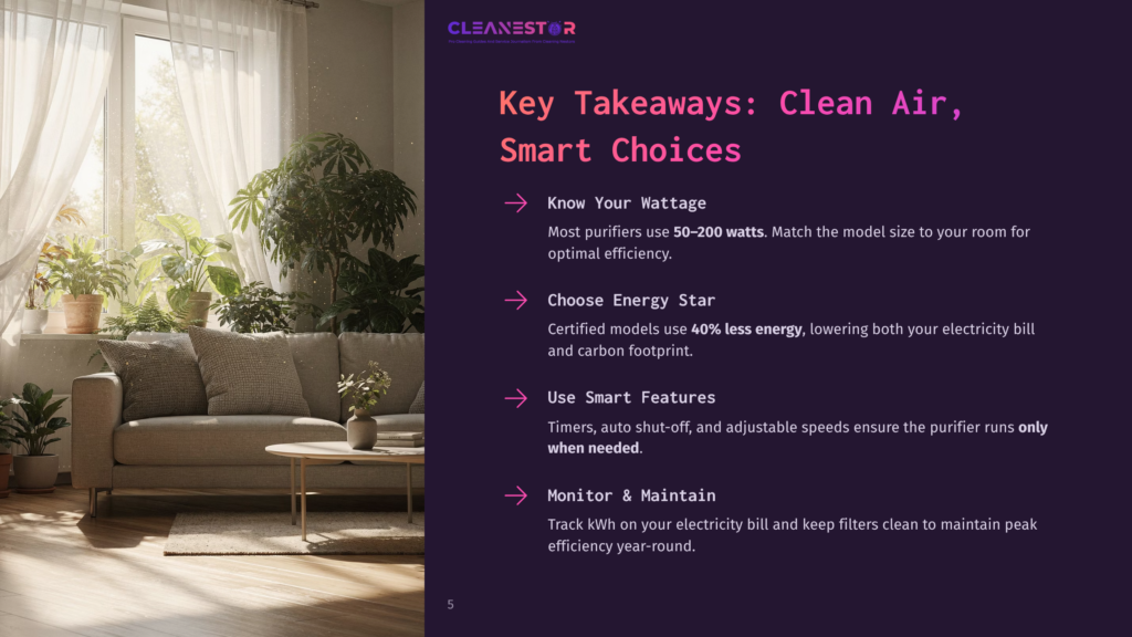 Cleanestor Logo And Text About &Quot;Key Takeaways: Clean Air, Smart Choices&Quot; With Bullet Points On Wattage, Energy, Smart Features, And Monitoring.