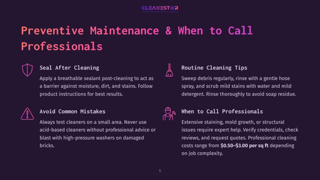 5 Preventive Maintenance And When To Call Professionals Preventive Maintenance And When To Call Professionals Graphic. Sections Include Seal After Cleaning, Routine Cleaning Tips, Avoid Common Mistakes, And When To Call Professionals, With Associated Icons And Text.