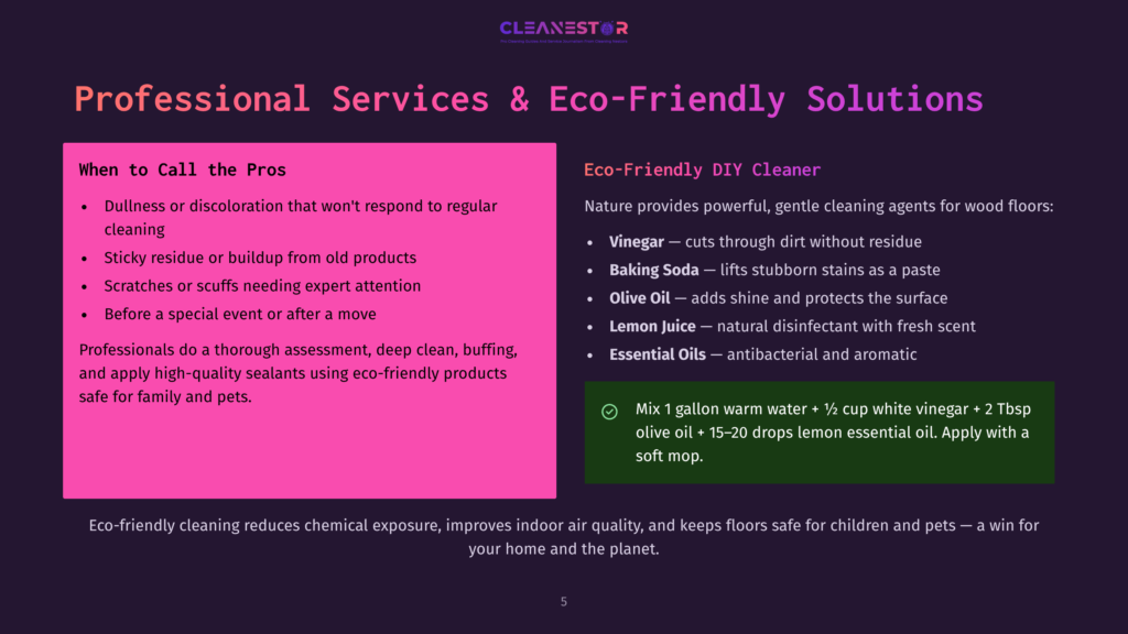 A Presentation Slide Titled &Quot;Professional Services &Amp; Eco-Friendly Solutions&Quot; Contrasts A Pink Section Detailing &Quot;When To Call The Pros&Quot; With A Green Section On &Quot;Eco-Friendly Diy Cleaner,&Quot; Including A Recipe For A Homemade Cleaner.