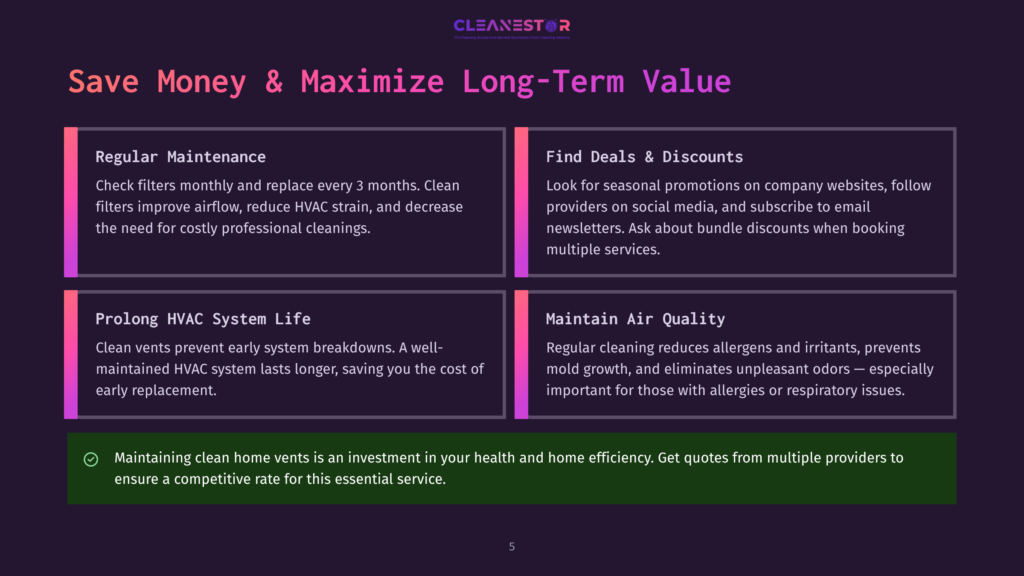 Graphic With Text &Quot;Save Money &Amp; Maximize Long-Term Value&Quot; And Sections On Regular Maintenance, Find Deals &Amp; Discounts, Prolong Hvac System Life, And Maintain Air Quality. Features Cleanestor Logo.
