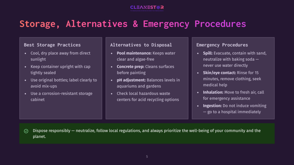 Infographic On Chemical Storage, Alternatives To Disposal, And Emergency Procedures, With Text Detailing Safe Practices Like &Quot;Cool, Dry Place Away From Direct Sunlight&Quot; And &Quot;Spill: Evacuate, Contain With Sand, Neutralize With Baking Soda.
