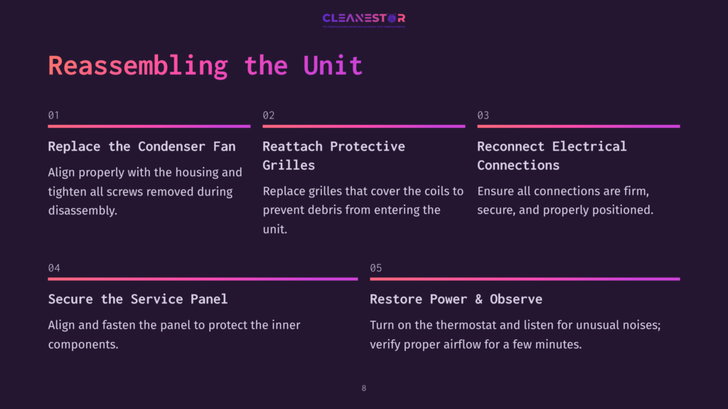 Instructions For Reassembling An Air Conditioning Unit, With Numbered Steps, Bullet Points, And A Dark Background Highlighted By Pink Text.