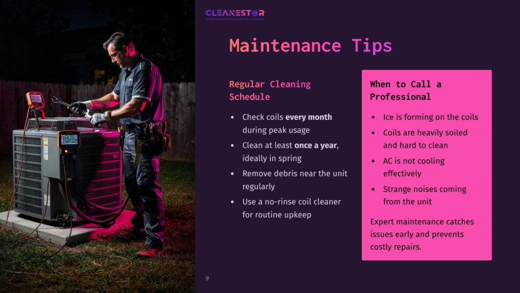 A Technician Cleans Air Conditioner Condenser Coils At Night, Illuminated By Pink Light, With A Maintenance Tip List Beside Them.