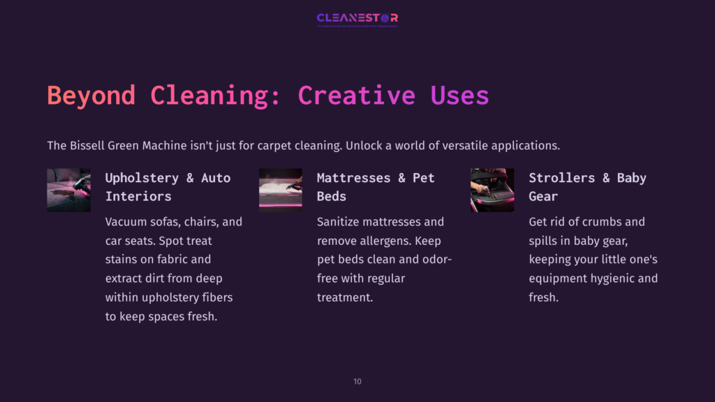 Text On A Purple Background Outlining Creative Uses For The Bissell Green Machine, Including Upholstery, Mattresses, And Pet Beds.