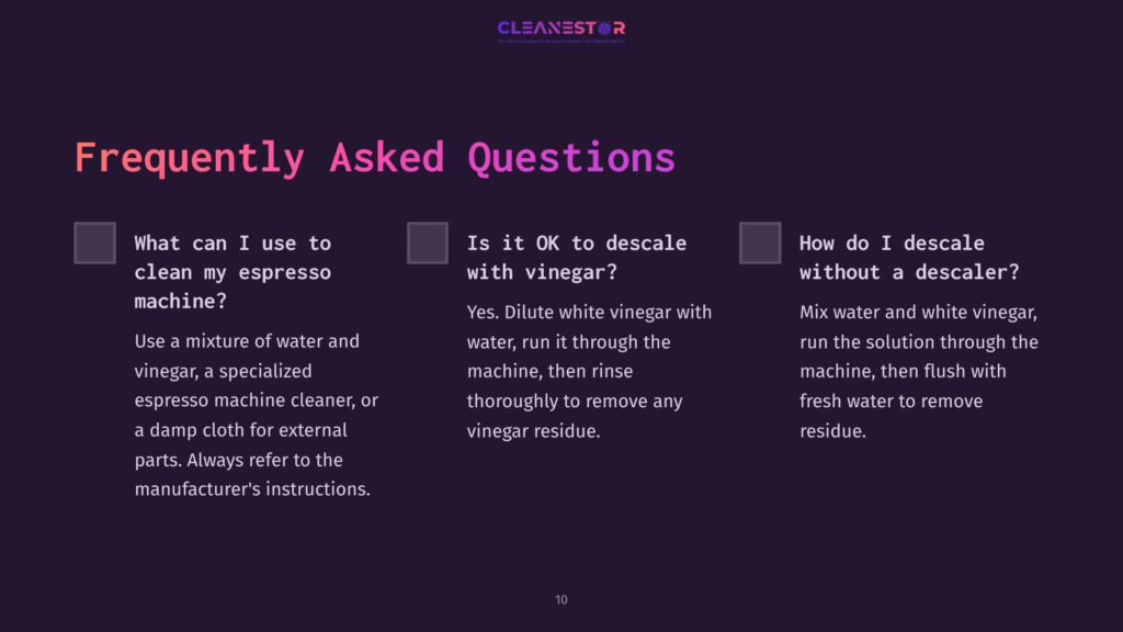 Text On A Dark Purple Background With Three Faqs About Espresso Machine Cleaning, Featuring Checkboxes And Bullet Points For Clarity.
