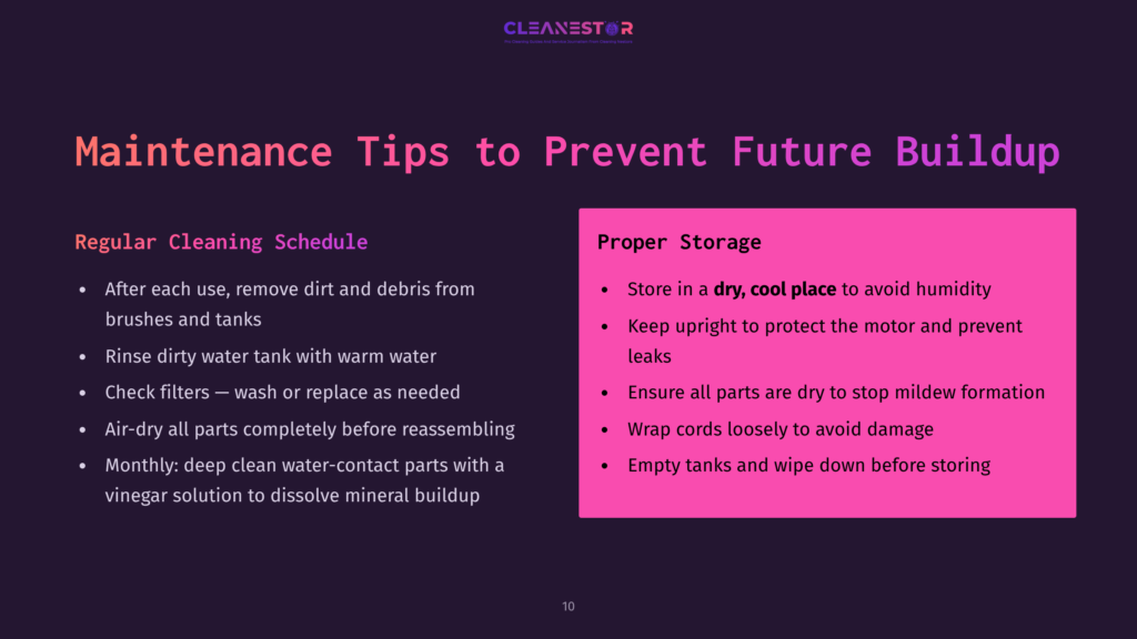 Text Slide Featuring Maintenance Tips For A Bissell Carpet Cleaner. Background: Dark And Light Purple. Key Sections Highlighted In Pink And White Text.