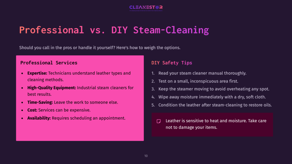 10 Professional Vs Diy Steam Cleaning Text On A Dark Purple Background. Bullet Points Highlight Steam-Cleaning Services Vs. Diy, With Tips In White And Pink Text.