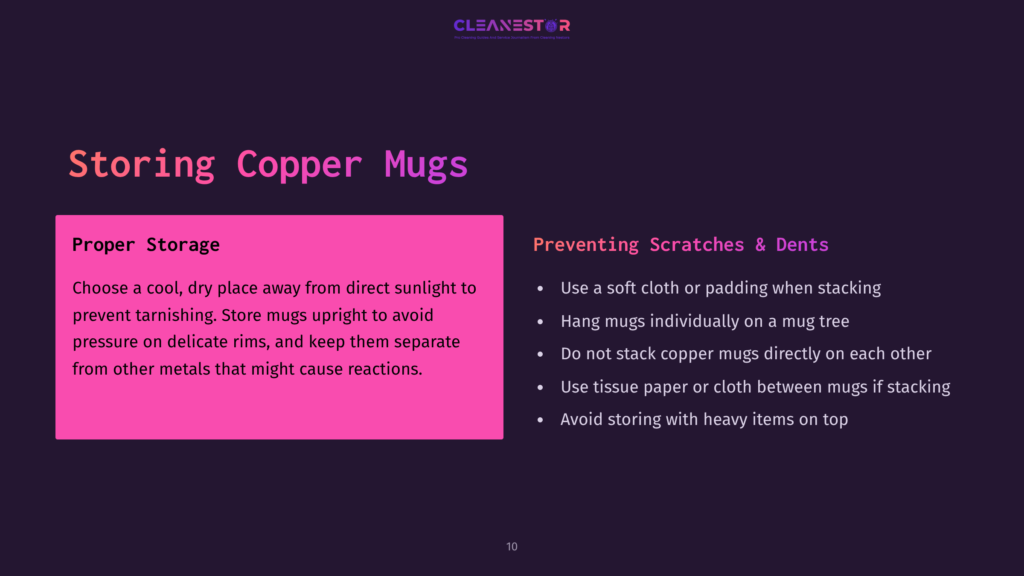 Text On A Dark Background Outlines Tips For Storing Copper Mugs, Highlighting Proper Storage And Prevention Of Scratches And Dents In Pink.