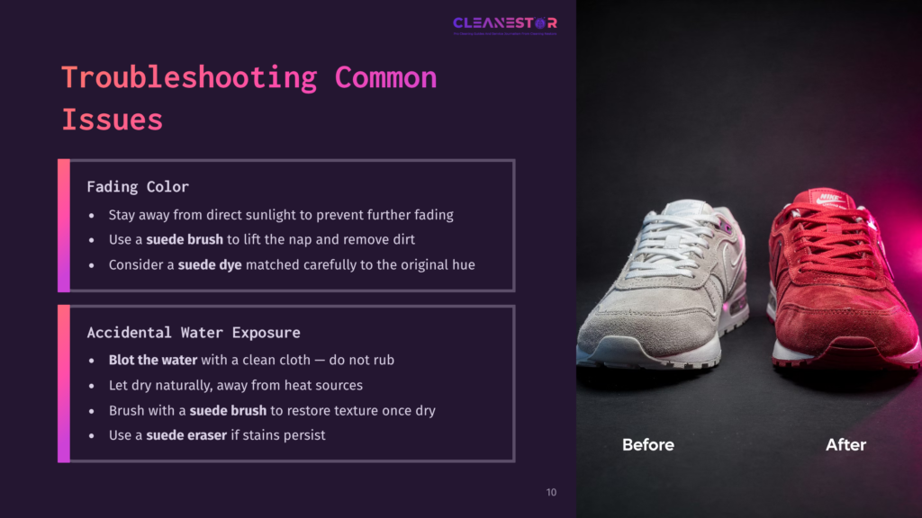 10 Troubleshooting Common Issues Suede Sneakers In A Before-And-After Layout; Left Side Shows A Faded Sneaker, Right Side Displays A Revitalized, Clean Version.