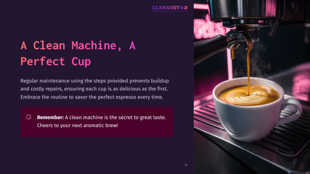 Close-Up Of An Espresso Machine Dispensing Freshly Brewed Espresso Into A White Cup On A Pink-Lit Counter, With A Message About Maintenance.