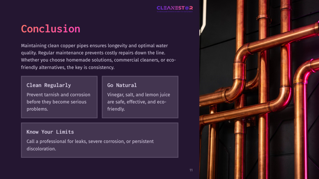 Copper Plumbing Pipes In Rich Orange Hues Are Positioned Against A Dark Background, With A Purple-Tinted Box Containing Tips For Maintenance And Cleaning.