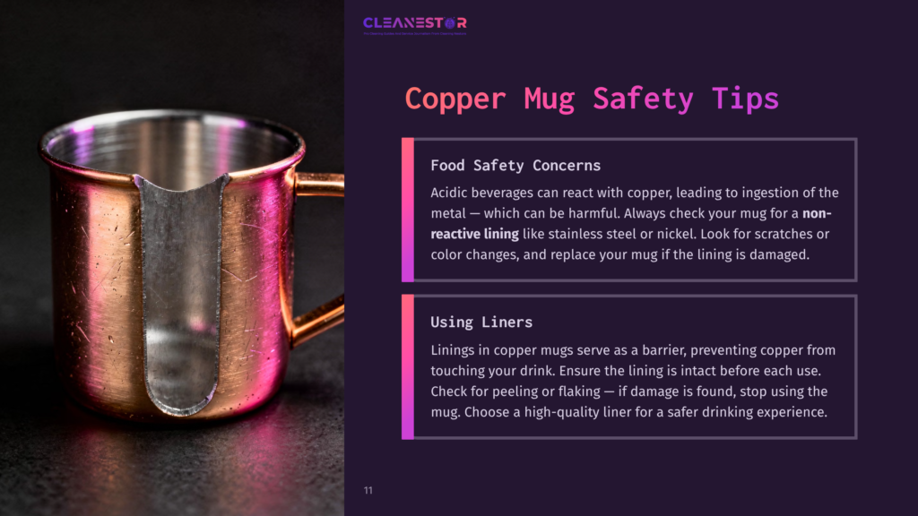 A Shining Copper Mug With A Curved Lip, Displaying A Pinkish Hue And Reflective Surface; Background Features Safety Tips In Contrasting Colors.
