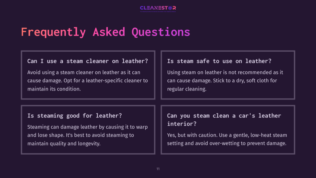 11 Frequently Asked Questions 1 Four Text Boxes Containing Frequently Asked Questions About Steam Cleaning Leather, With A Purple And White Color Scheme.
