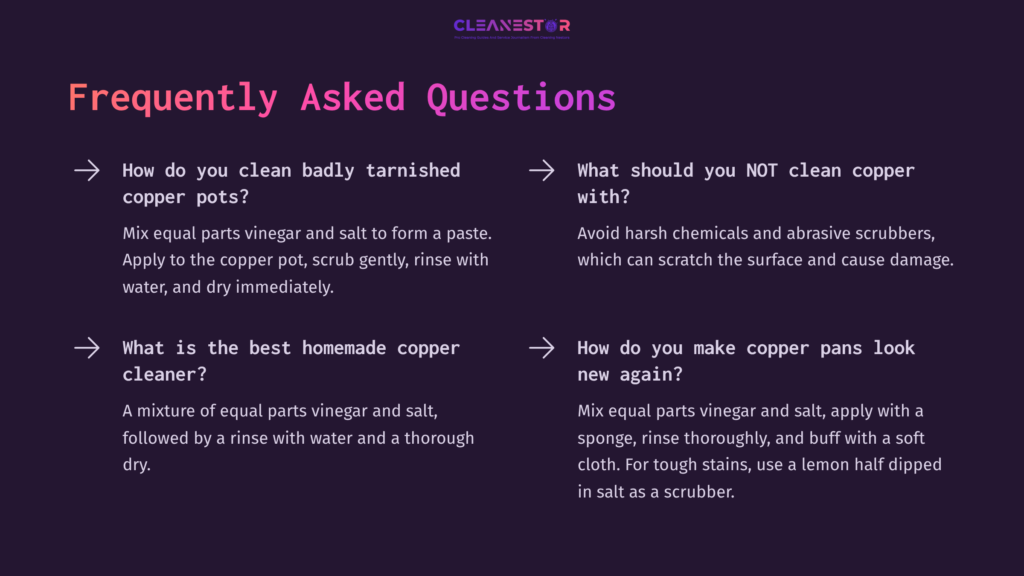 Faq Styled Graphic With A Dark Background, Featuring Questions And Answers About Cleaning Copper Cookware, Highlighted In Light Purple Text.