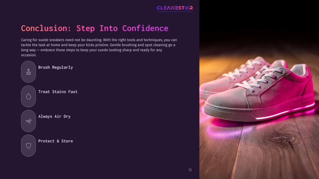 12 Conclusion Step Into Confidence Suede Sneakers In Soft Pink Resting On A Reflective Surface, With A Purple Background Featuring Cleaning Tips In White Text On The Left.