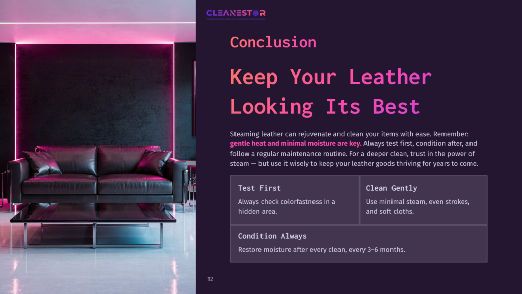12 Keep Your Leather Looking Its Best A Modern Black Leather Sofa Against A Wall With Pink And Purple Lighting, Accompanied By Clean, Organized Text About Leather Care.