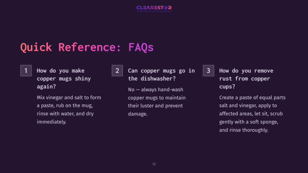 White Text On A Dark Purple Background Lists Faqs About Cleaning Copper Mugs, Featuring Numbered Points For Clarity.