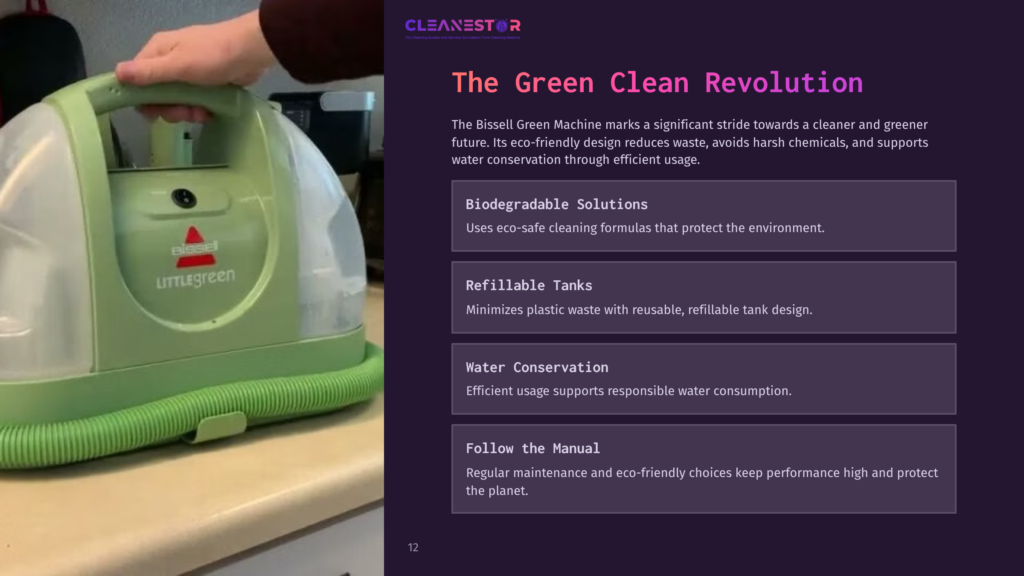A Green Bissell Green Machine Carpet Cleaner With A Clear Tank And Control Panel, Placed On A Flat Surface, Showcasing Its Eco-Friendly Design.
