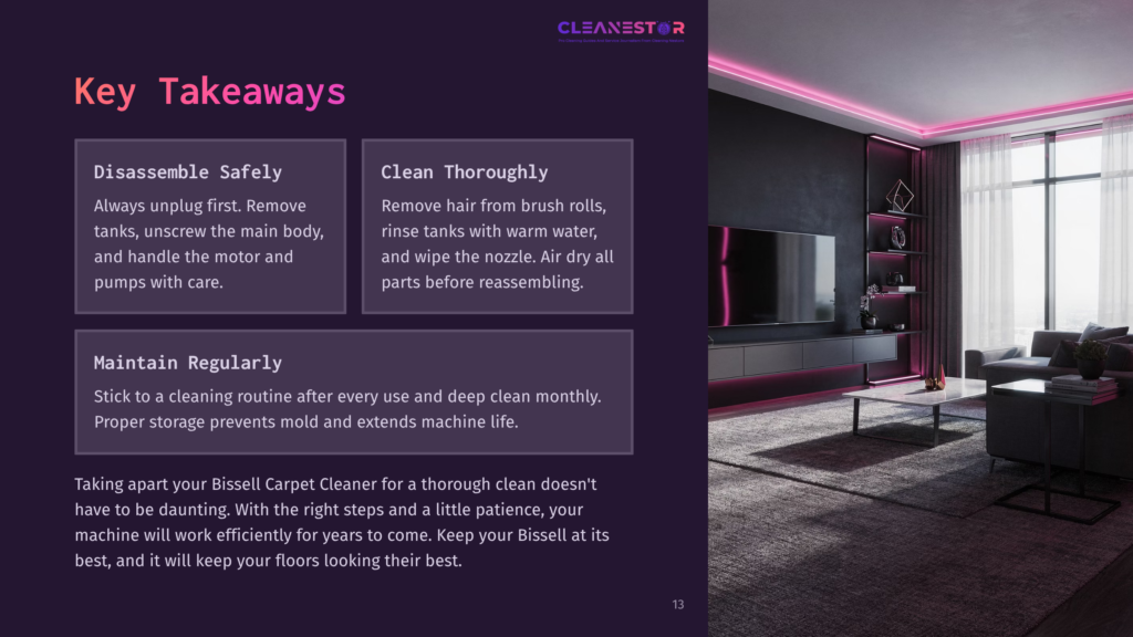 A Modern Living Room With A Large Tv, Stylish Furniture, And Pink Accent Lighting. Text Boxes Outline Key Maintenance Tips For A Carpet Cleaner.
