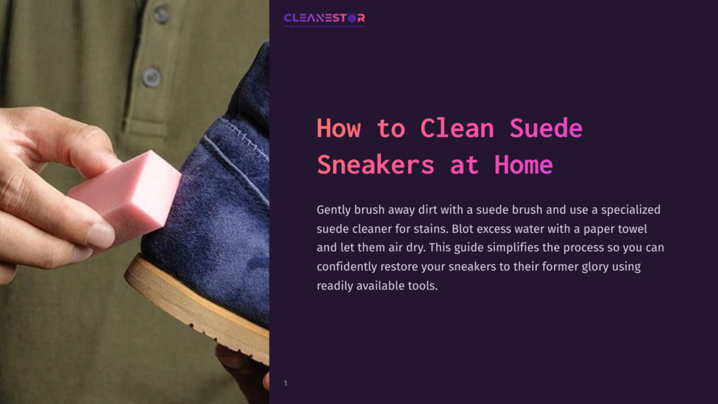 1 How To Clean Suede Sneakers At Home A Person Using A Pink Suede Brush On A Dark Blue Sneaker, With A Beige Sole, Against A Dark Purple Background.