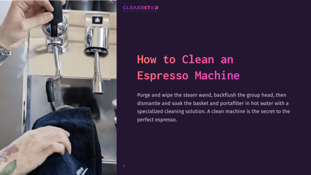Close-Up Of A Hand Cleaning An Espresso Machine'S Steam Wand With A Cloth, Showing Silver Metallic Parts Against A Neutral Background.