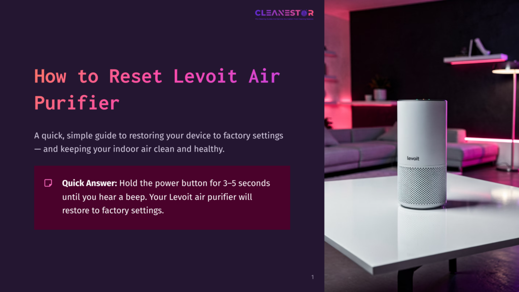 A Sleek Levoit Air Purifier On A White Table In A Modern Room, With Purple Lighting In The Background And Minimalist Decor.