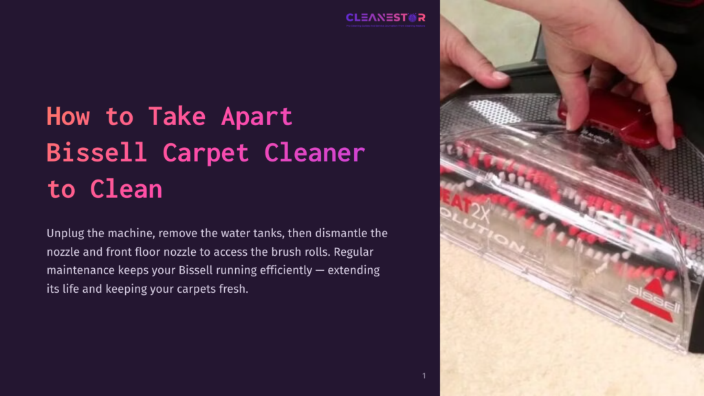 A Person’s Hand Holding A Bissell Carpet Cleaner Assembly With Visible Brush Rolls And A Transparent Casing, Against A Purple Background.