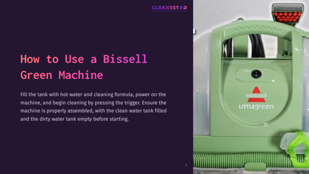 Green Bissell Little Green Machine With A Clear Tank On A Gray Surface, Featuring A Trigger And Cleaning Formula Instructions Nearby.