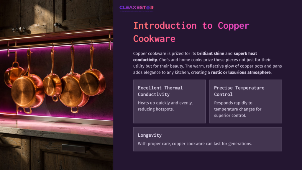 A Collection Of Shining Copper Pans Hanging On A Purple Wall, With Text Highlighting Their Thermal Conductivity And Longevity Benefits.