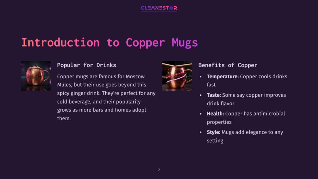 Text On A Dark Purple Background Highlights The Popularity, Benefits, And Style Of Copper Mugs, With A Vibrant Copper Mug Illustration.
