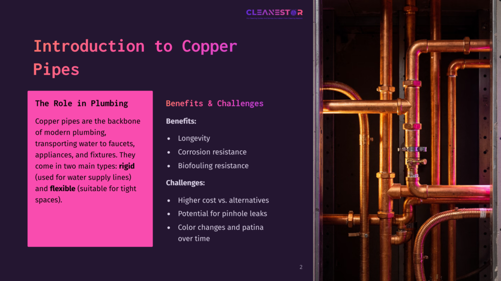 Copper Plumbing Pipes In A Dark Setting, With Bright Copper Tones Contrasting Against A Pink Background Featuring Text On Benefits And Challenges.