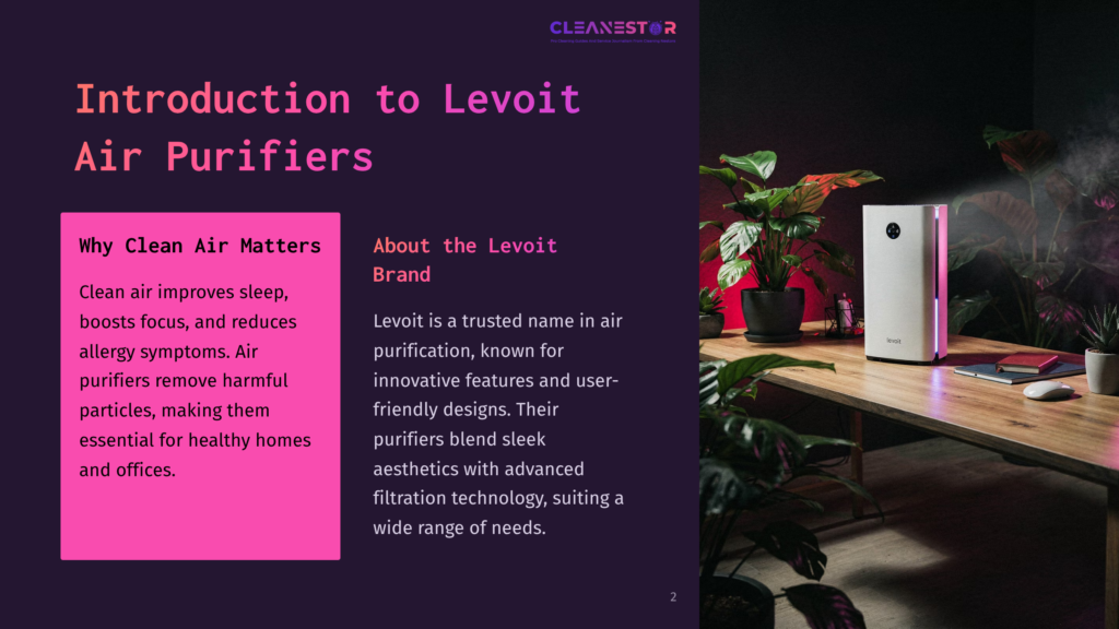 A Well-Lit Room With A Levoit Air Purifier On A Table Surrounded By Potted Plants, Featuring Vibrant Pink And Purple Text On The Left.