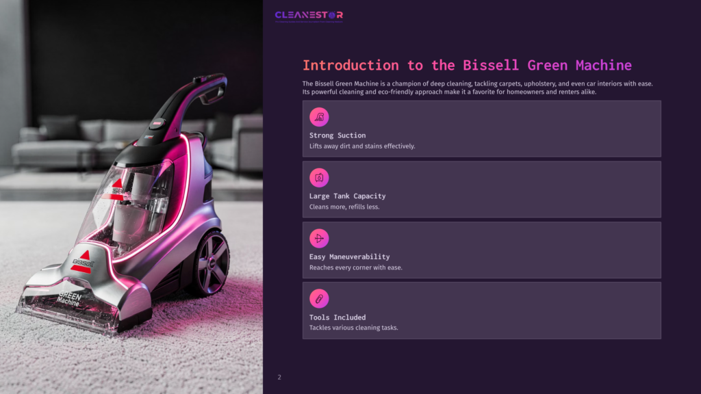 A Bissell Green Machine Carpet Cleaner With A Transparent Tank And Red Accents, Set On A Grey Carpet, Alongside Text Highlights About Its Features.