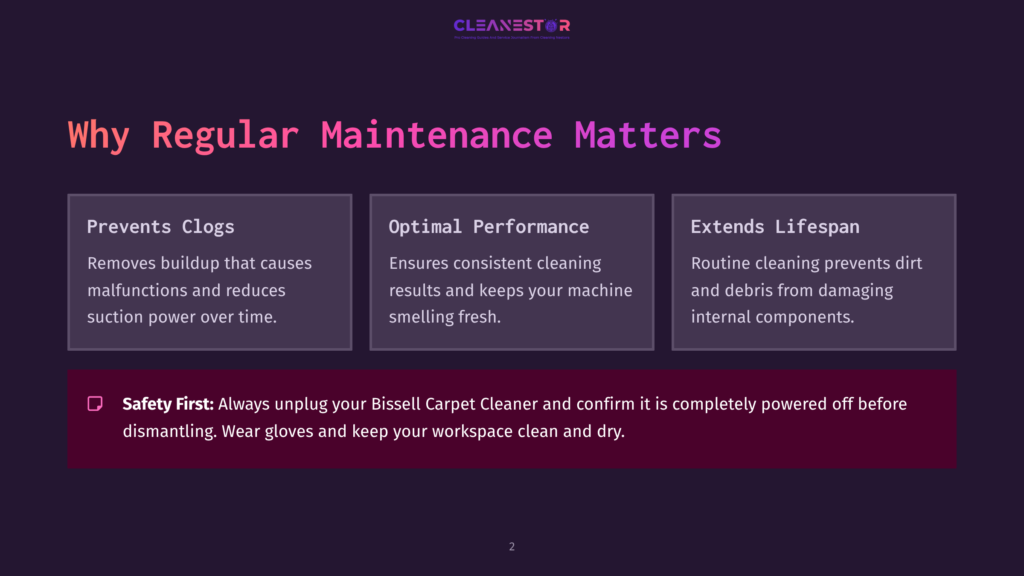 Three Sections On A Dark Purple Background Highlight The Benefits Of Regular Maintenance For A Bissell Carpet Cleaner.