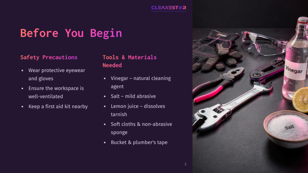 A Flat Lay Featuring Safety Gloves, A Wrench, Bottles Of Vinegar And Salt, Along With Soft Cloths And A Bucket, Against A Dark Background.