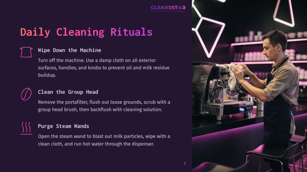 A Barista Cleans An Espresso Machine With A Cloth, Surrounded By A Modern Café Setting In Purple And Black Tones.