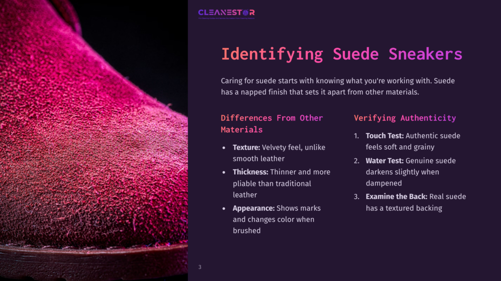 3 Identifying Suede Sneakers Close-Up Of A Pink Suede Sneaker With A Textured Surface, Accompanied By Text Highlighting Key Features And Care Tips.