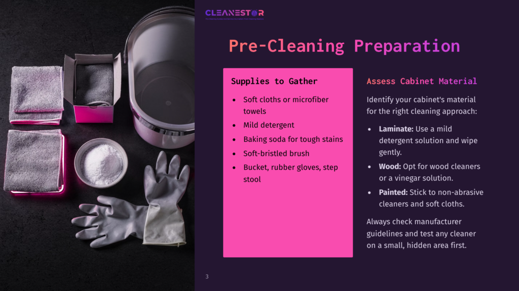 Supplies For Cleaning: Microfiber Towels, Detergent, Baking Soda, Sponges, Gloves, Bucket, And A Step Stool On A Dark Background.