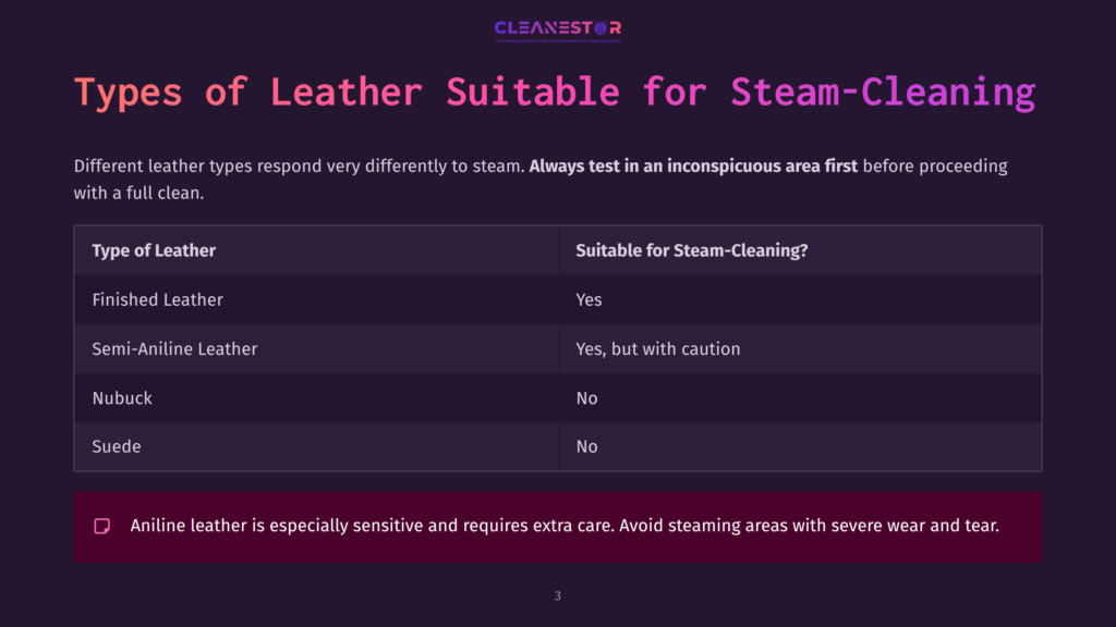 3 Types Of Leather Suitable For Steam Cleaning Table Outlining Types Of Leather Suitable For Steam-Cleaning, With Columns Labeled For Leather Type, Suitability, And Notes.