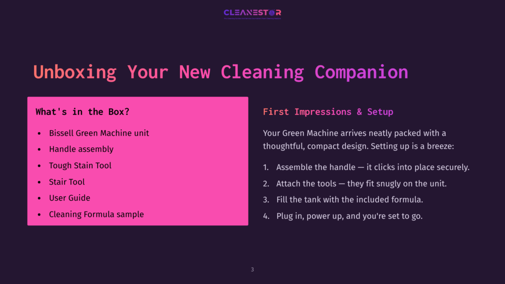 Bright Pink And Black Layout With Text Outlining Unboxing Steps For A Bissell Green Machine, Featuring A Sleek Machine Unit And Accessories.