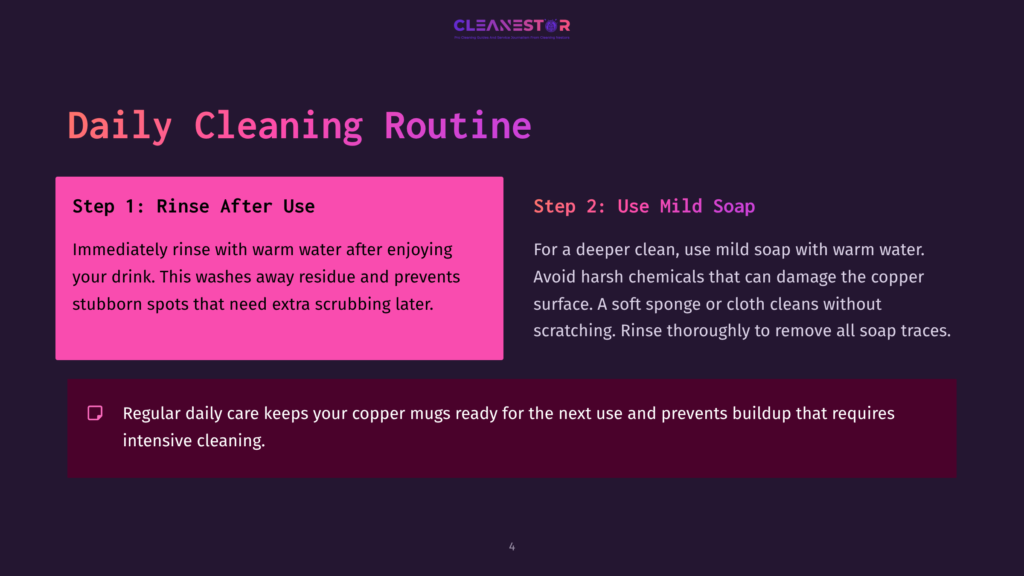 Text On A Dark Background Outlines Steps For Cleaning Copper Mugs, With A Bold Pink Box Emphasizing Rinsing After Use.