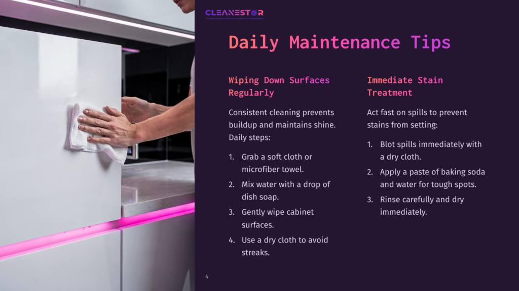 A Hand Wiping A White Kitchen Cabinet With A Cloth, Next To Instructions For Maintaining And Treating Stains On Cabinetry.