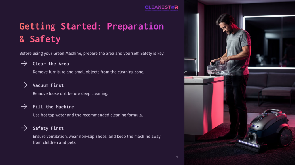 A Man Prepares A Bissell Green Machine Near A Well-Lit Table, With Cleaning Supplies And A Safety Message Highlighted In Purple.