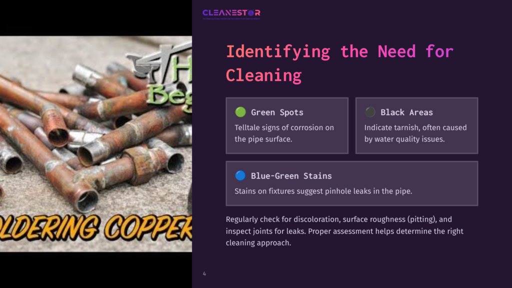 Copper Plumbing Pipes In Varying Conditions Are Displayed, Featuring Green Spots, Black Areas, And Blue-Green Stains With Text Labels Explaining Each.
