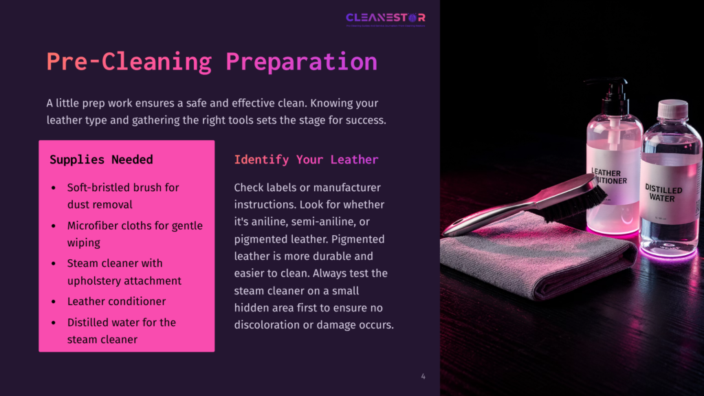 4 Pre Cleaning Preparation Supplies For Leather Cleaning: Soft-Bristled Brush, Microfiber Cloths, Steam Cleaner, Conditioner, Distilled Water, And Bottles.