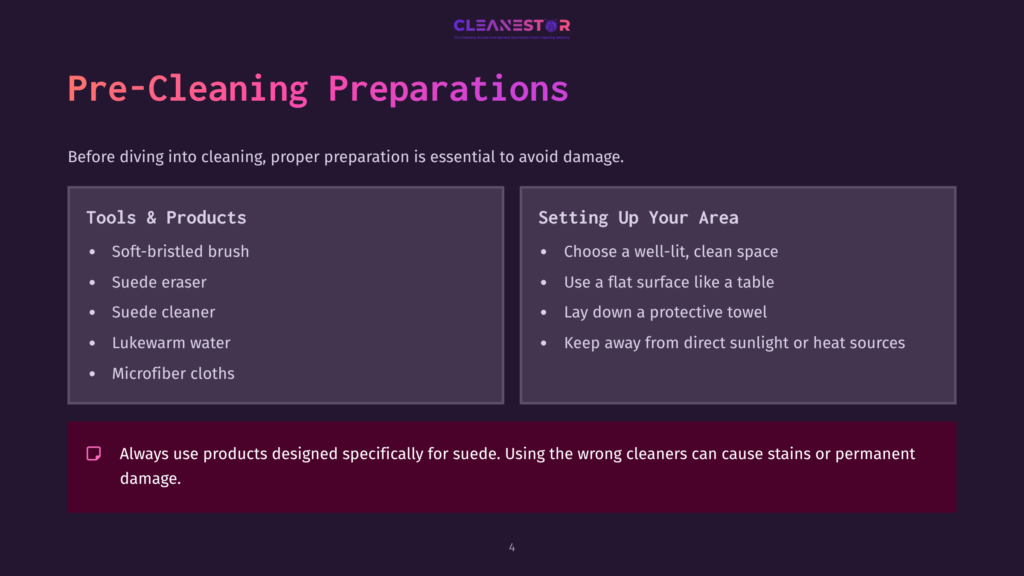 4 Pre Cleaning Preparations A Dark Purple Background Displays A Checklist For Cleaning Suede Sneakers, Featuring A Brush, Towels, And Tips For Setting Up The Area.